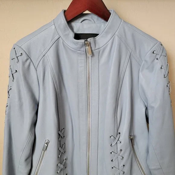 Neiman Marcus Light Blue Leather Lace-Up Moto Leather Jacket - Picture 4 of 16